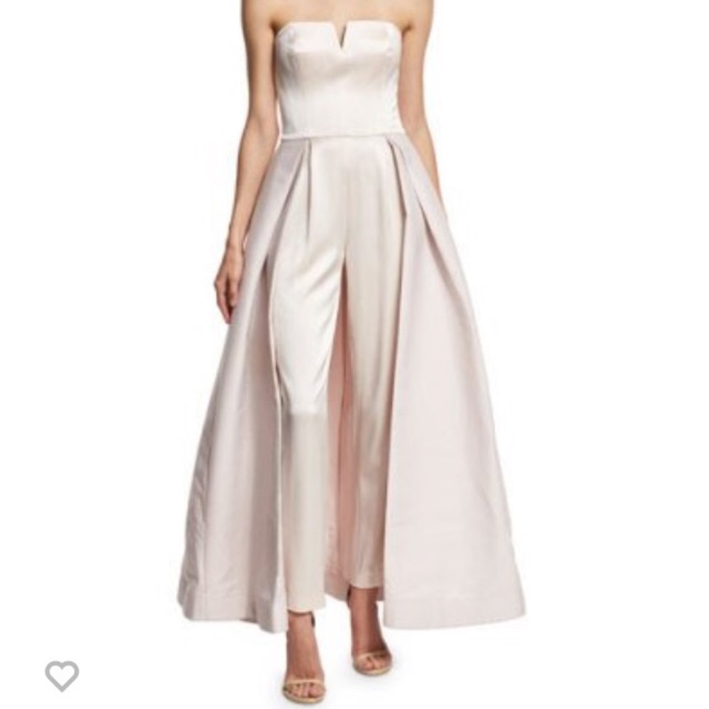 Halston Heritage strapless jumpsuit gown in pink.